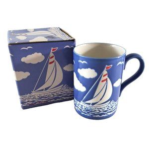 NEW Vintage Sailboat Coffee Mug Cup W Box 1990s Beach House Nautical Korea